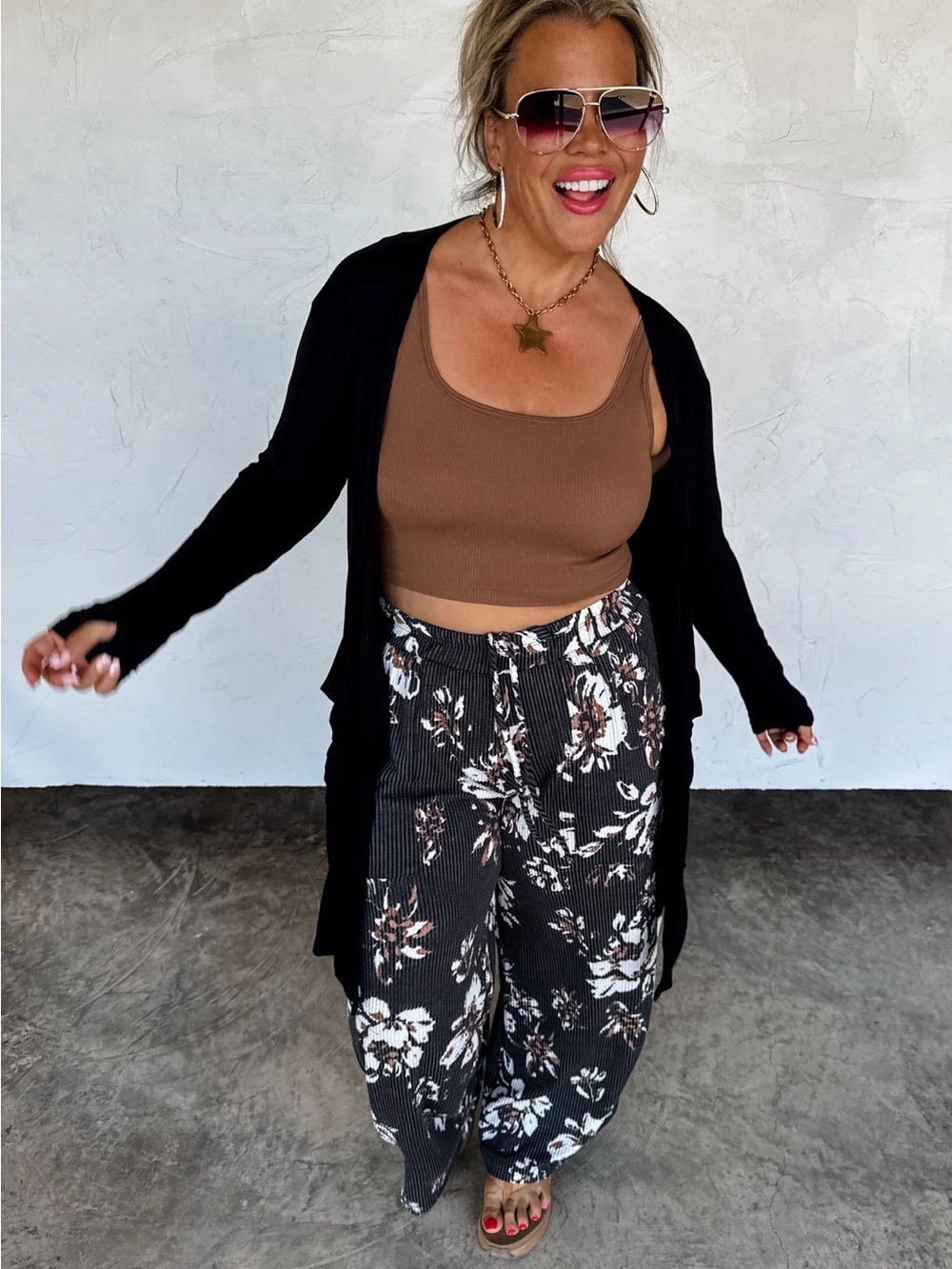 Women’s Floral Wide-Leg Pants - Black, White & Brown